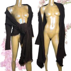 Brown Hair Like Wool Cardigan With Fuzzy Trim